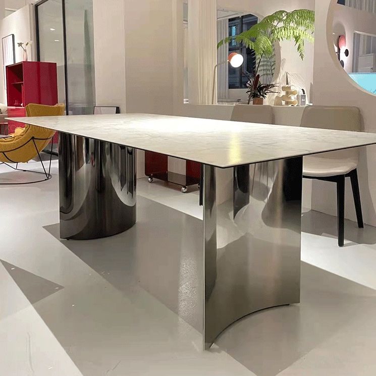Mesa rectangular de lujo tradicional de metal, mesa de piedra sinterizada blanca para cocina y comedor