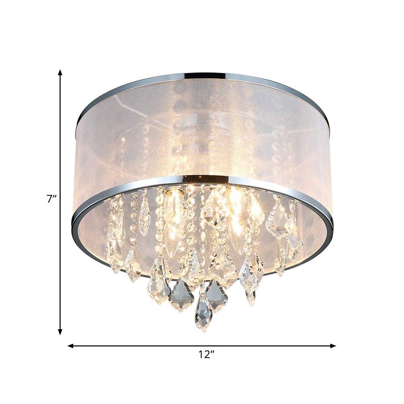 Drum Shade Fabric Flush Mount Fixture Simple 4 Lights Bedroom Close to Ceiling Light in Chrome with Crystal Accent