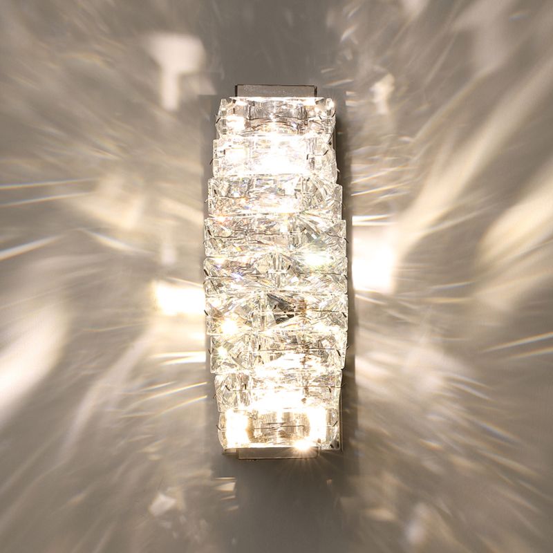 Silver Rectangular LED Wall Sconce in Modern Artistic Style Metal Wall Lamp with Crystal Shade