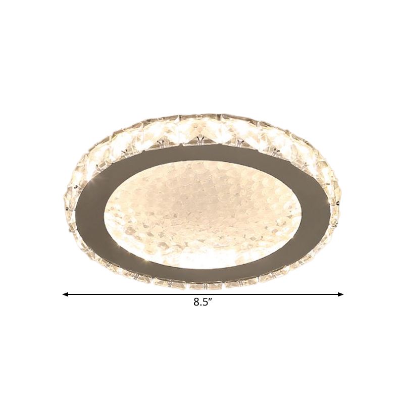 Circle Flush Mount Lamp Simplicity Crystal Block LED Corridor Ceiling Lighting in Chrome, Warm/White Light
