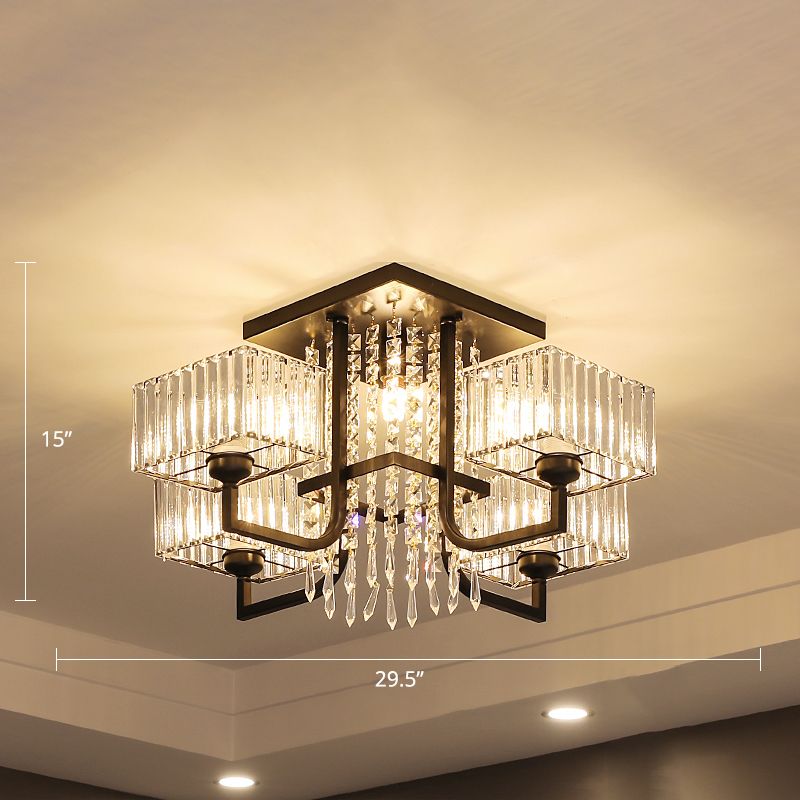 Contemporary Rectangle Ceiling Light Prismatic Crystal Living Room Semi Flush Mount Light in Black