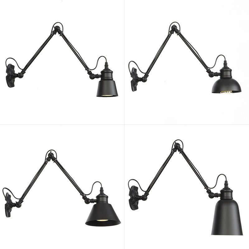 1-Bulb Bowl/Tapered/Bell Task Wall Lamp Vintage Matte Black Iron Wall Mount Reading Light with 4"/8" W 2-Joint Swing Arm