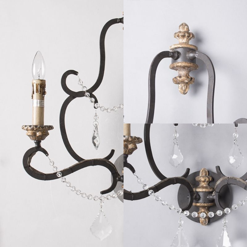 Black 2 Lights Sconce Light Rustic Metal Candle Mur Mury Lighting pour le salon avec décoration en cristal transparent
