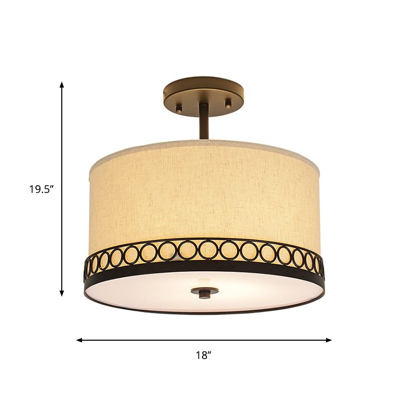Drum Fabric Semi Mount Lighting Traditional 1 Head Bedroom Ceiling Light Fixture in Black
