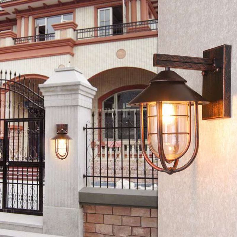 Retro Style Metal Wall Light Cage Shape Wall Sconce with Glass for Outdoors