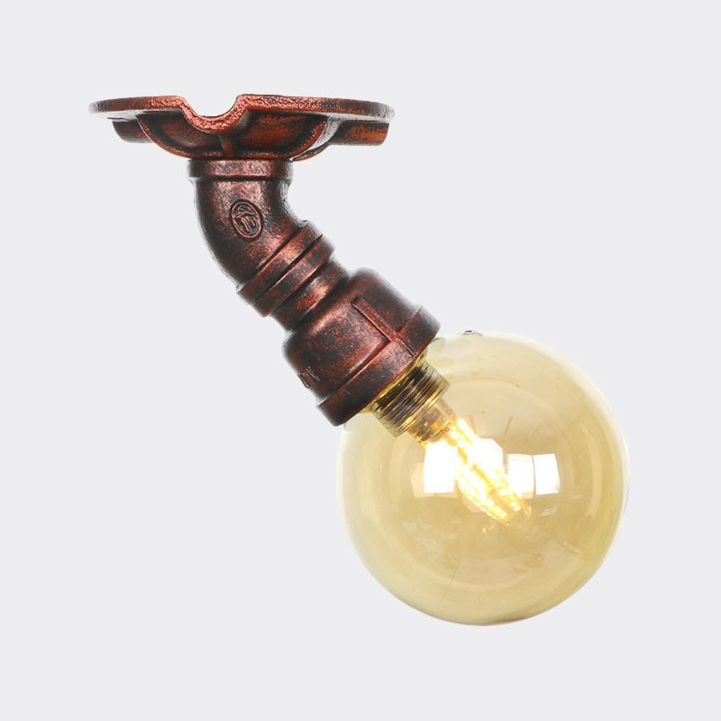 Lámpara de techo empotrada con forma de orbe de cristal ámbar vintage, montaje semiempotrado, acabado en cobre, 1 luz