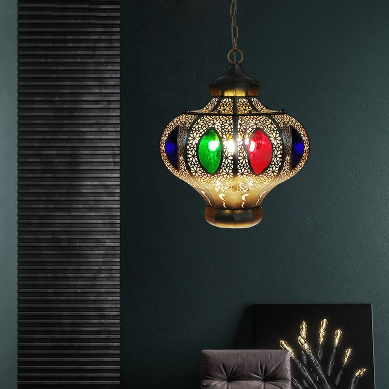 4 Heads Pendant Lighting Mediterranean Restaurant Ceiling Chandelier with Crown White/Red Glass Shade in Brass
