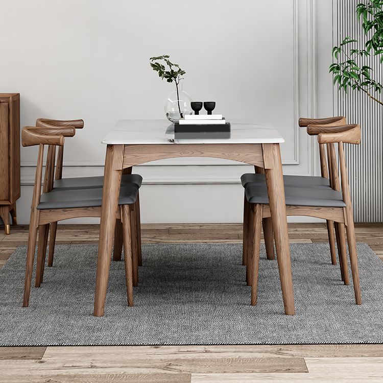 Medieval Modern Sintered Stone Table Kitchen Rectangle White Top Table with 4 Wood Legs