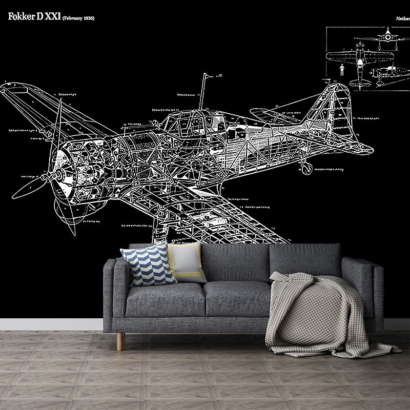 Airplane Design Wall Mural Decal for Accent Wall, Black and White, Personalized Size Available