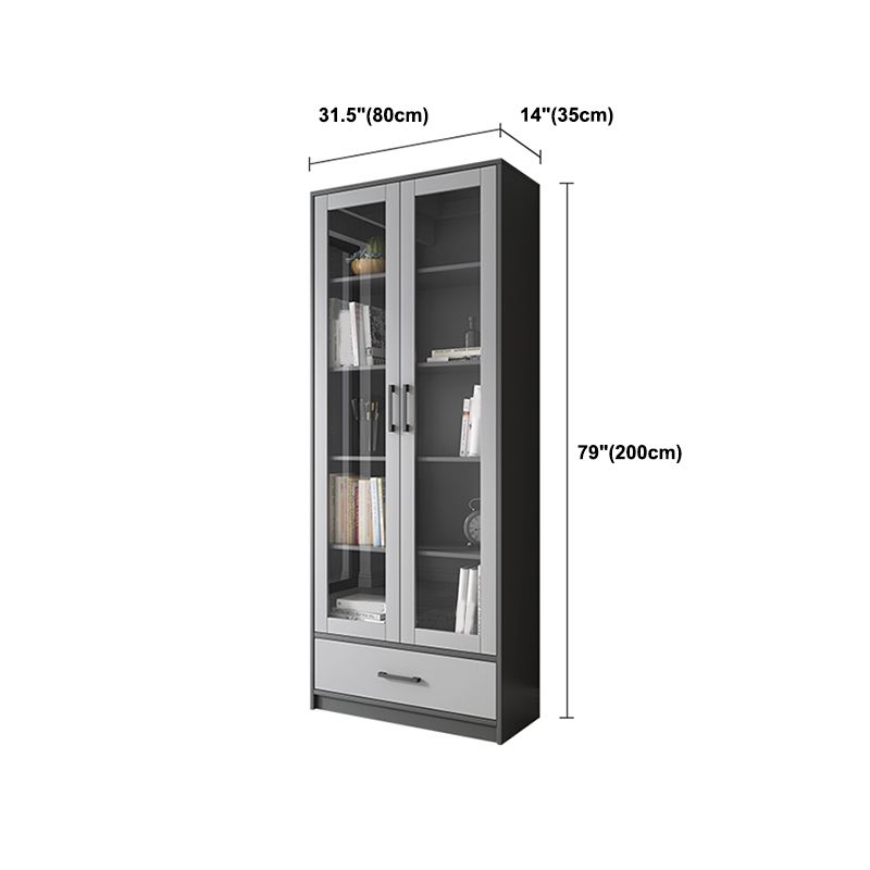 Faux Wood Modern Storage Cabinet Glass Doors Display Cabinet with Drawer for Living Room