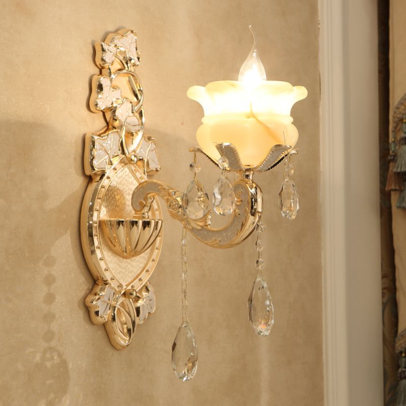Traditional Candle Wall Mount Lamp 1/2 Heads White Glass Wall Sconce Lighting in Brass with Crystal Draping