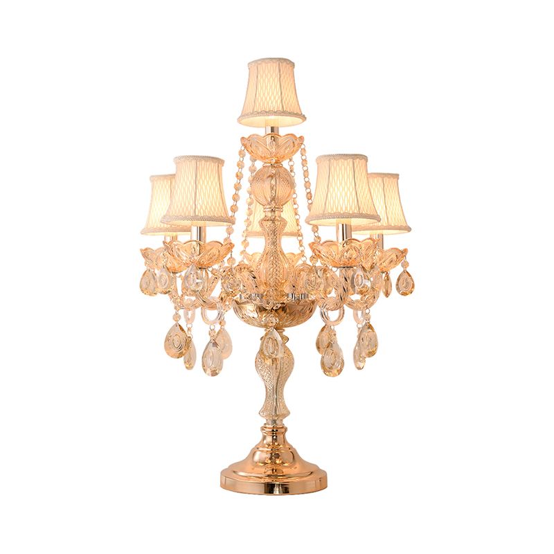 5/6 têtes Candelabra Table Light Traditional Gold Crystal Droplets Tablette de nuit avec / Sans nuance de tissu de cloche blanche