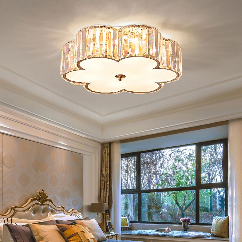 Simple Style 6-Light Ceiling Fixture Champagne Flower Flush Mount Light with Crystal Shade