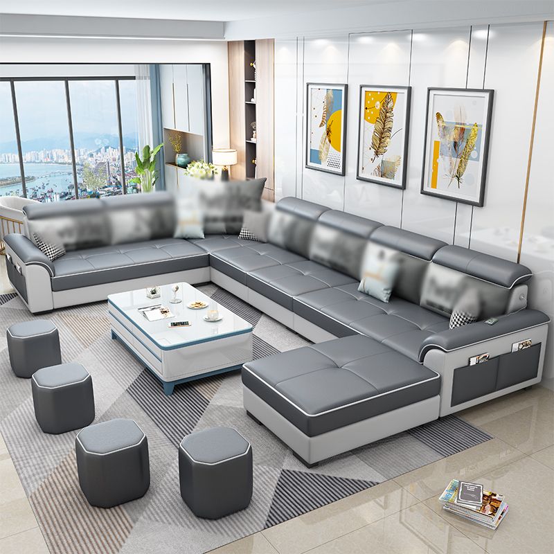 Square Arm Pillowed Back Cushions 6-Seater Faux Leather and Fabric Sectionals Sofas