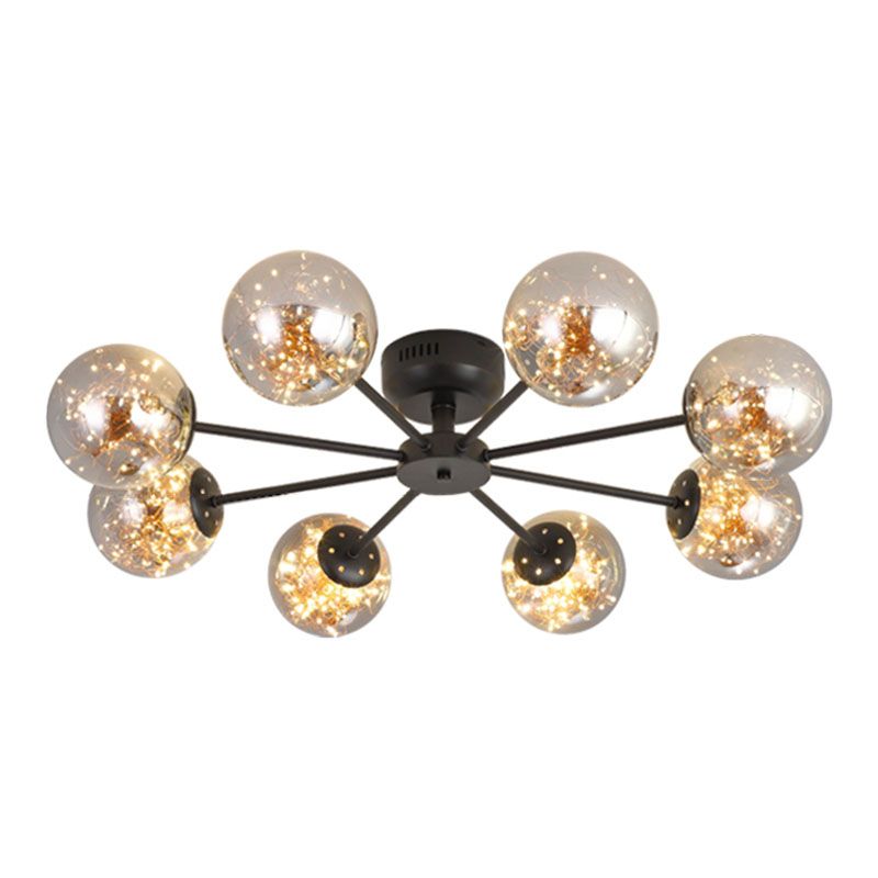 Simple LED Starry Semi Flush Mount Black Globe Ceiling Light Fixture with Glass Shade