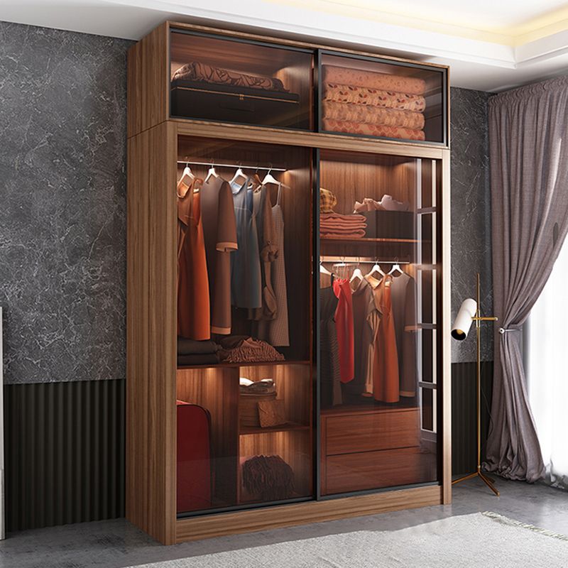 Mirrored Finish Cabinet with Glass Door Modern Brown Wardrobe for Home