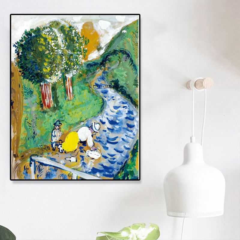 Fluss- und Berg-Leinwandkunst, Vintage-Wohnzimmer-Wanddekoration in Grün, verschiedene Größenoptionen