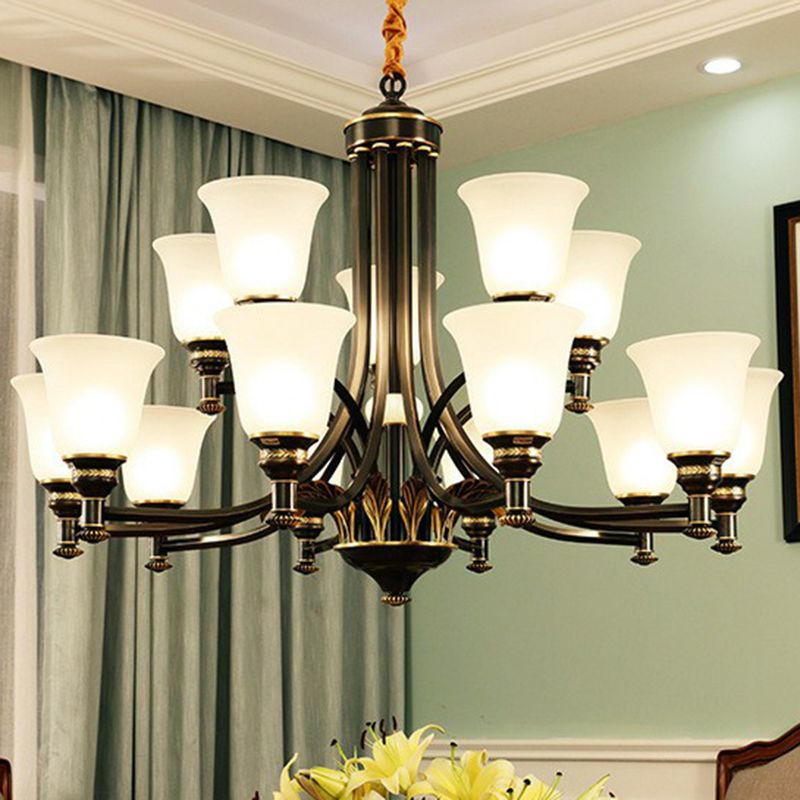 Cream Glass Flared Shade Chandelier Pendant Light Vintage Living Room Hanging Light in Black