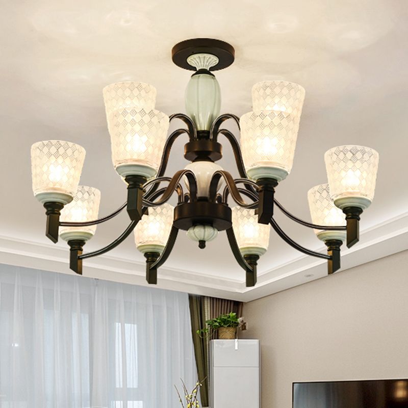 Tapered Living Room Semi Flush Traditional Rhombus Glass Light Green Ceiling Mount Chandelier