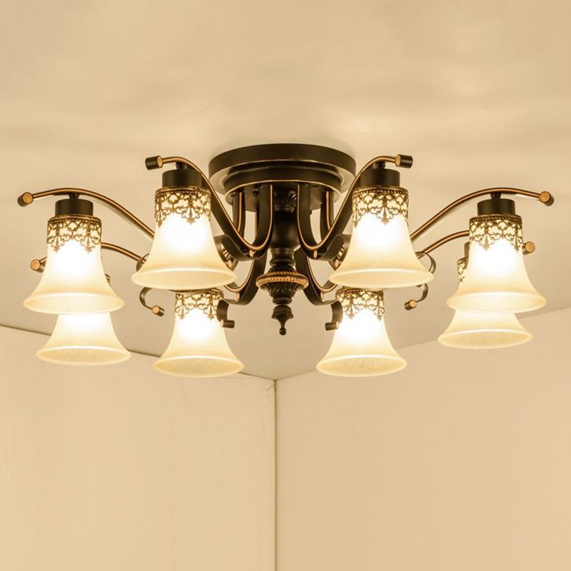Beige Glass Bell Semi Flush Traditionelle Wohnzimmer Deckenmontage Kronleuchter in Schwarz