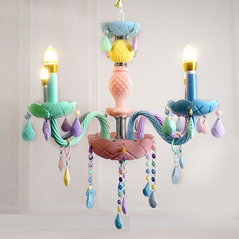 Pink Candle Style Hanging Light Kids Multicolored Glass Chandelier for Baby Room