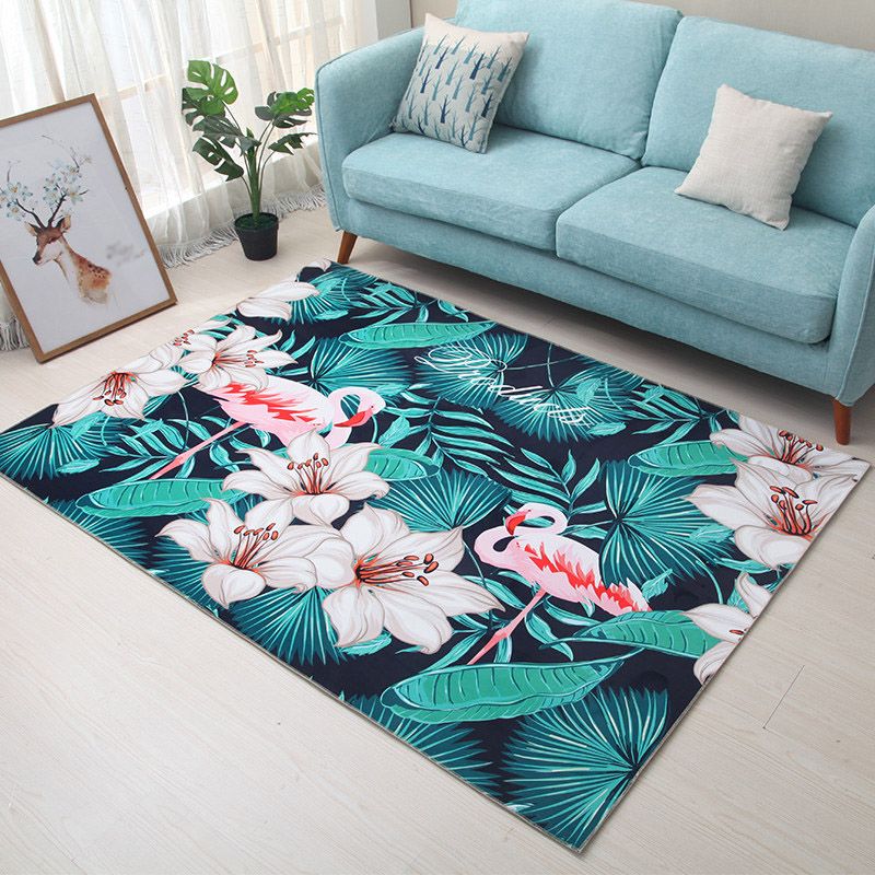 Green Tone Tropical Indoor Rug Polyester Leaves Print Rug Non-Slip Backing Indoor Rug for Living Room