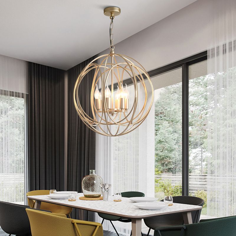 Post-Modern Metal Hanging Chandelier Light Gold Spherical Cage Shade Ceiling Chandelier for Dining Room