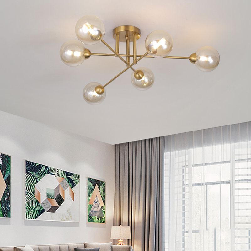 Post-Modern Metal Semi Flush Mount Globe Glass Shade Ceiling Flush Mount in Gold for Bedroom