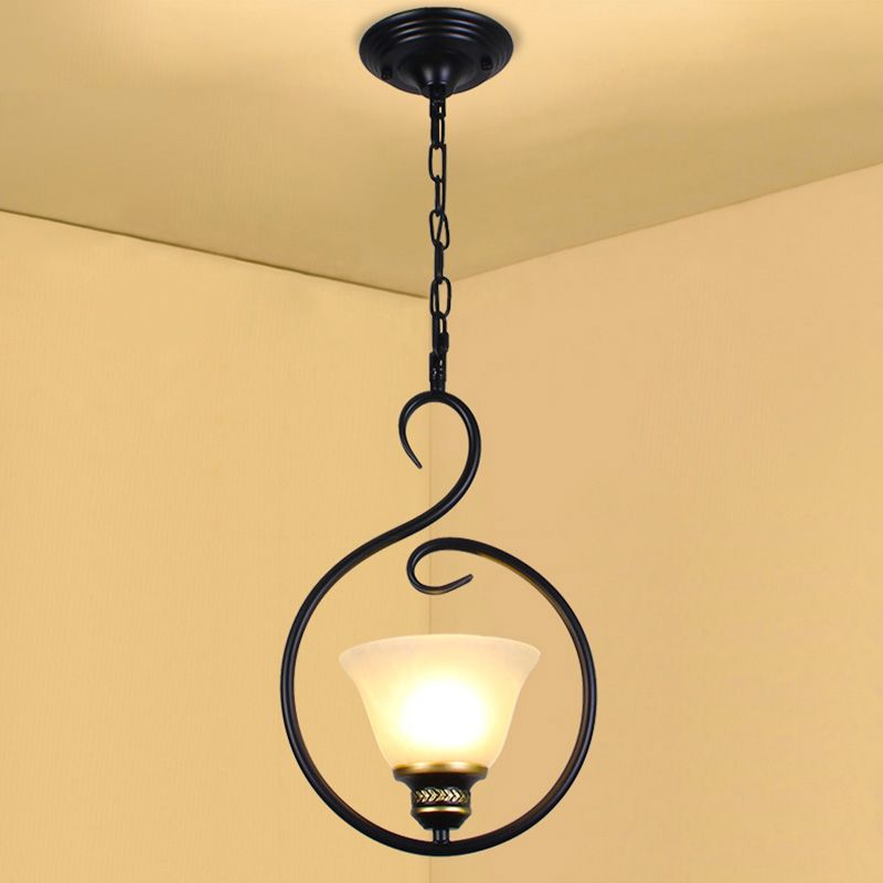 Black Bell Shade Ceiling Light Traditional Opal Glass 1 Head Dining Room Hooded Hanging Pendant Light