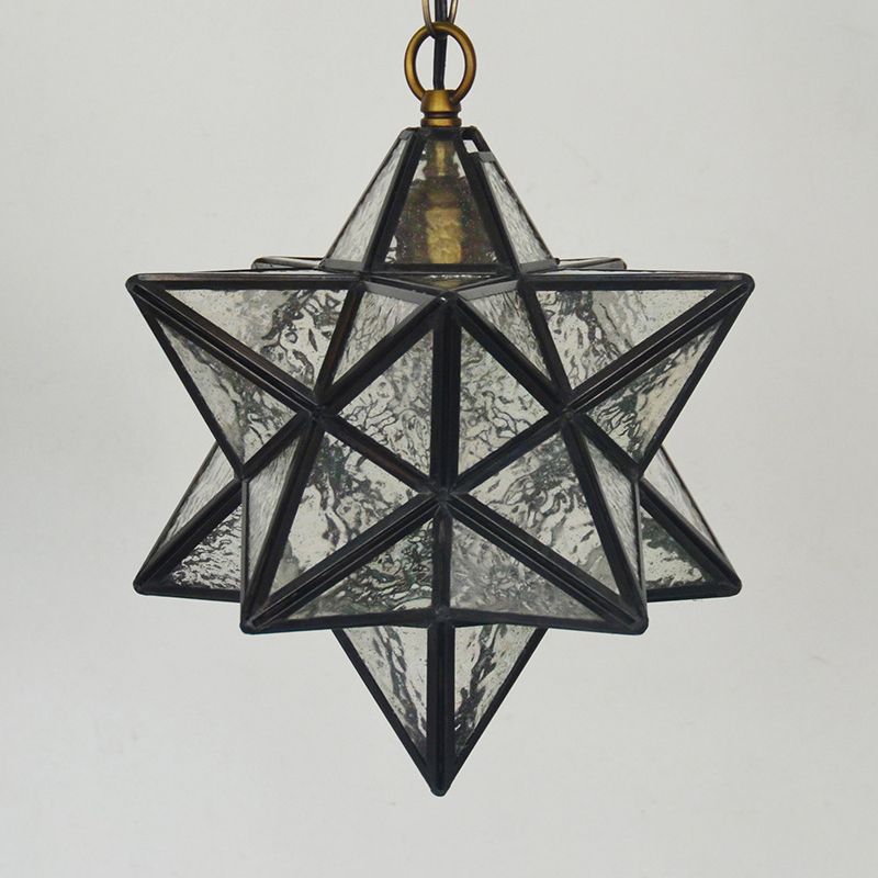 Star Pendant Light Fixture Mission Clear Ripple Glass 1-Light Black Drop Lamp for Dining Room