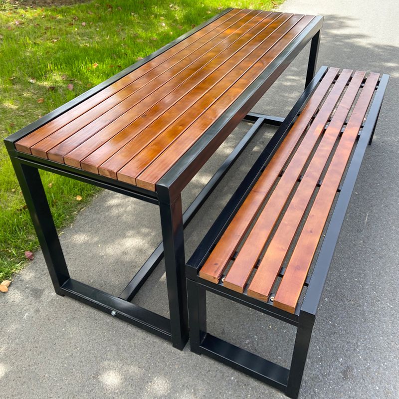 Industrial Style Patio Table Outdoor Rectangular Metal and Wood Dining Table