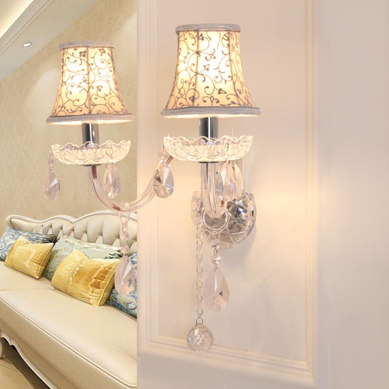 2 Heads Wall Sconce with Bell Shade Flower-Patterned Fabric Traditional Bedroom Wall Lamp with Crystal Droplets