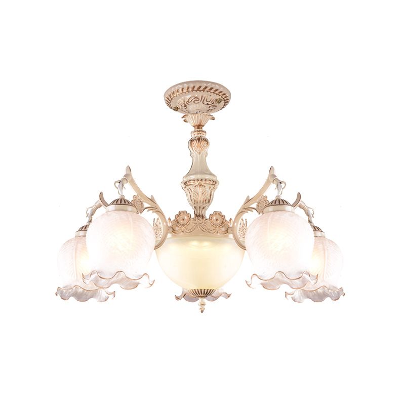 White Glass Floral Ceiling Light Rustic 7/9/11 Heads Living Room Semi Flush Mount Lighting