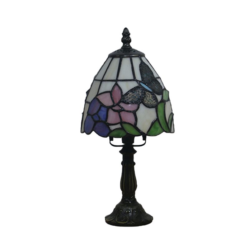 Beige/Pink Bowl Night Lamp Mediterranean 1 Bulb Hand Cut Glass Floral/Peacock Tail Patterned Table Lighting for Bedside
