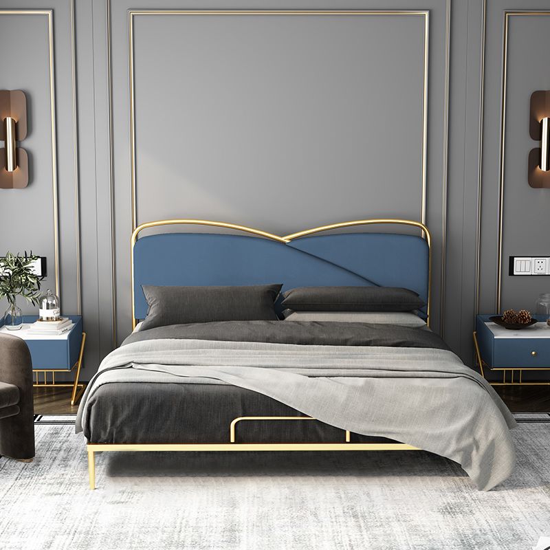 Luxurious Standard Bed in Gold Upholstered Low Profile Metal Bed