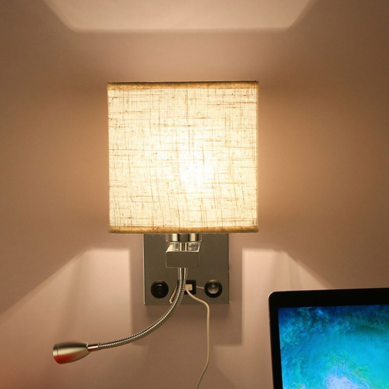 Modern Metal Wall Sconce Square Shape Wall Light with Fabric Shade for Bedroom