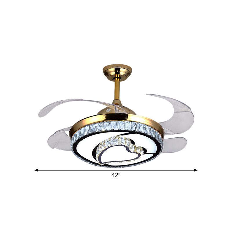 4 Blades LED Round Pendant Fan Lamp Contemporary Gold Finish Clear Crystals Semi Flush Light with Heart Design, 42" Wide