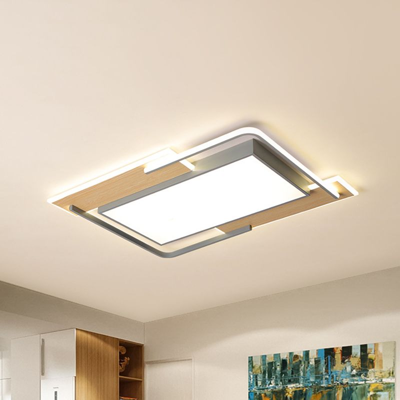 Living Room LED Ceiling Light Modern Grey-Wood Flush Mount Lamp with Pieced Rectangle Acrylic Shade, Warm/White Light
