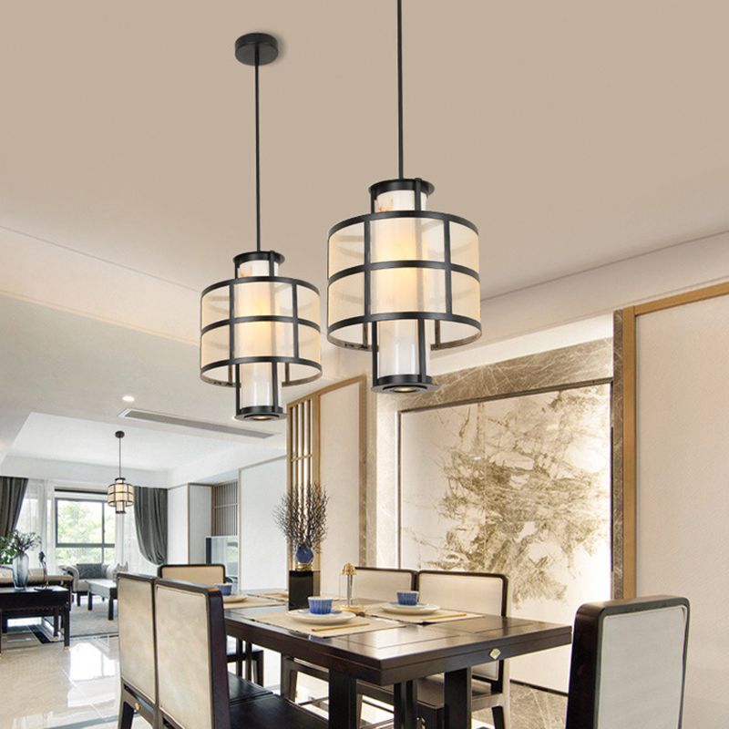 Double Cylinder Linen Shade Pendant Hanging Lamp Modern 1 Light Hanging Ceiling Light for Bedroom