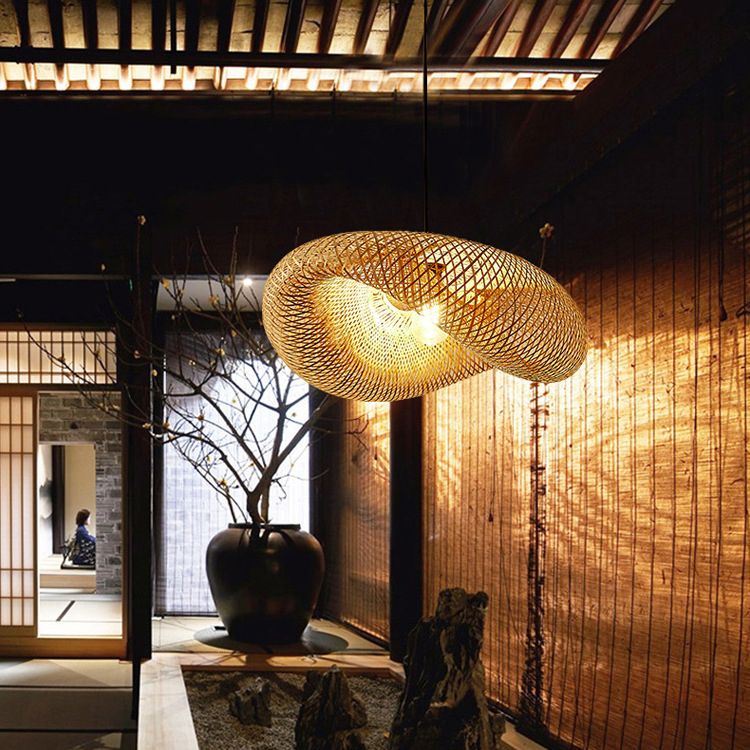 Japanese Style Bamboo Chandelier 1 Light Hanging Pendant Lights Hat Shape Handmade Cardboard Shade Kitchen Lamp