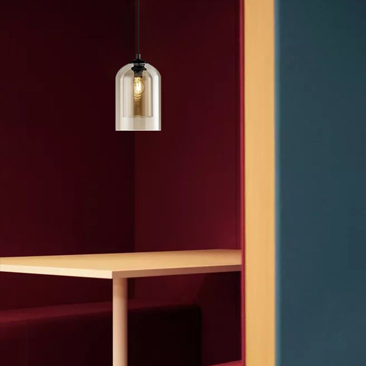 Wrought Iron Single Pendant Light in Modern Simplicity Glass Cylindrical Hanging Light for Bedroom