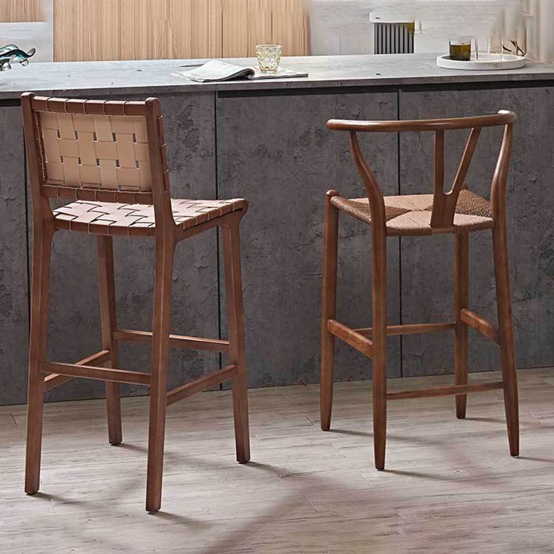 Industrial Low Back Dining Stool Solid Wood Bar Stool with Footrest