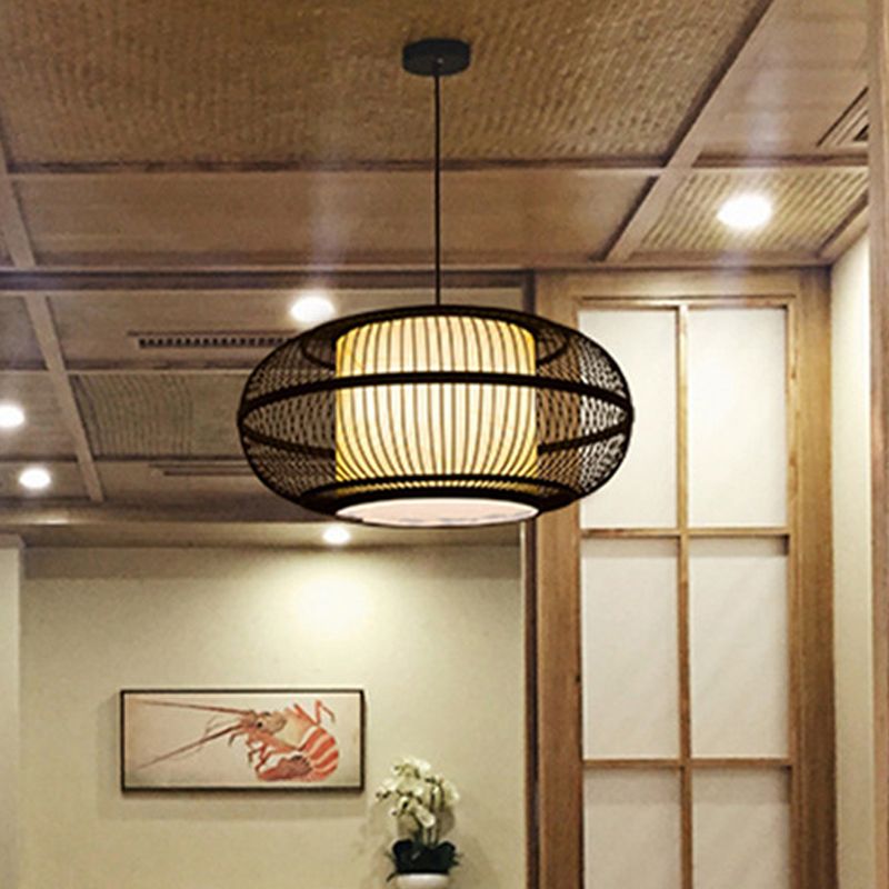 Schwarze ovale Deckenhänge Lantern Chinese 1 Glühbambus -Pendellampe mit alten Stadtabdruck, 19,5 "/23,5" W.