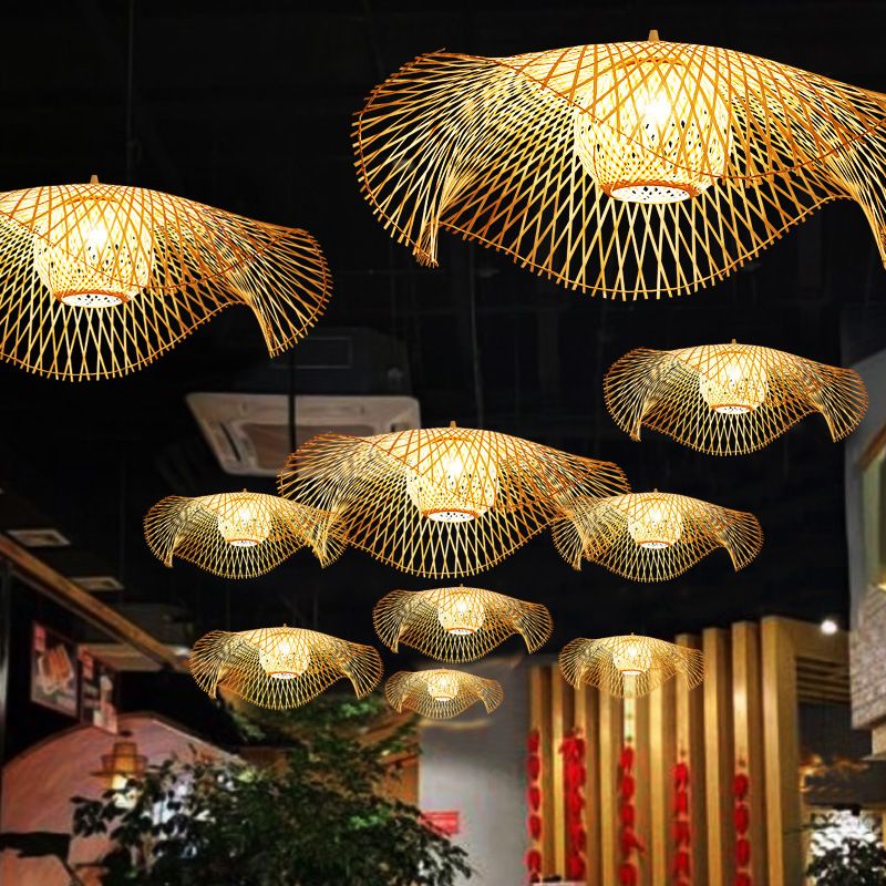 Beige Asia Pendulum Light Rattan 1-Light Hanging Ceiling Light for Dining Room