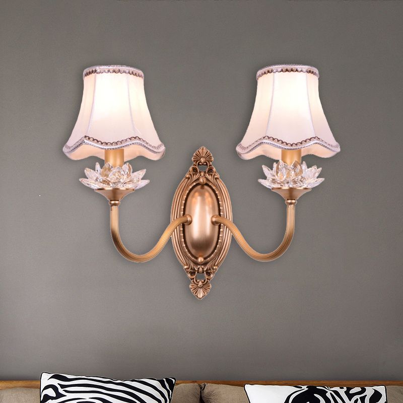 2 Heads Crystal Wall Lamp Traditional Brass Scalloped Living Room LED Wall Sconce Light