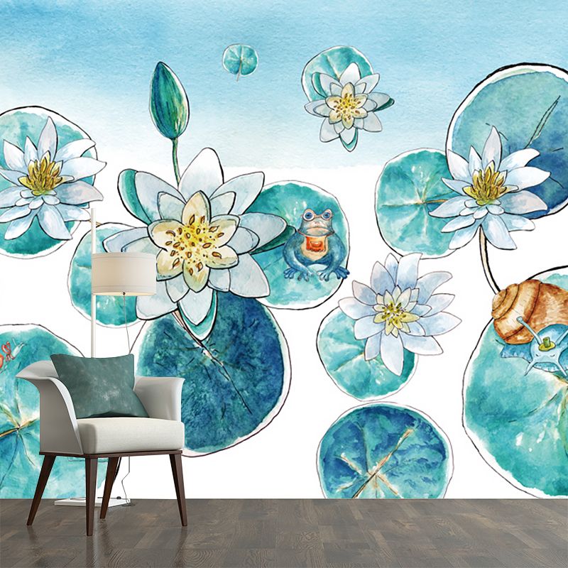 Murales de estanque de loto de acuarela Aqua, decoración de pared asiática resistente a la humedad para dormitorio
