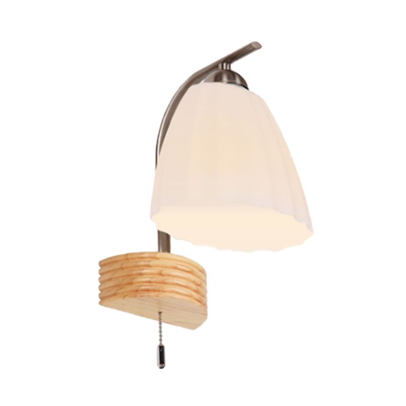 Milk Ribbed Glass Flared Sconce Light Fixture Modern 1 Head Wall Lamp with Pull Chain and Wood Backplate