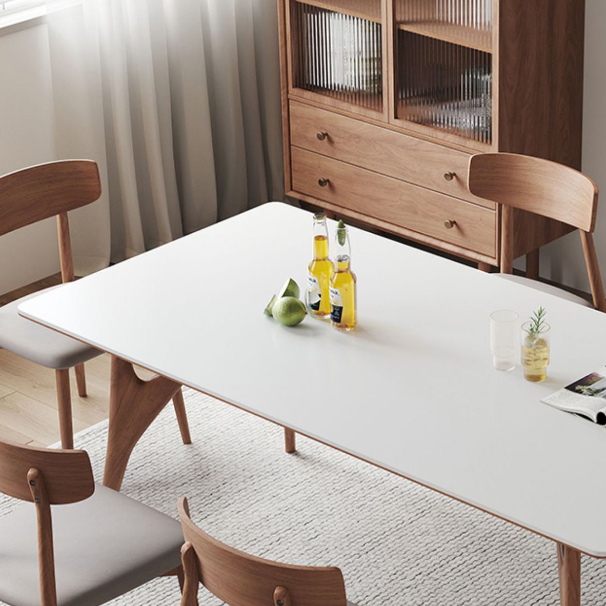 Modern Rectangular Stone Top White Dining Table with 4 Solid Wood Legs