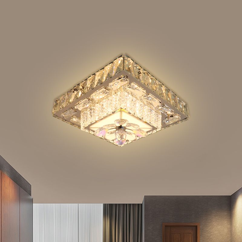 Clear Beveled Crystal Blocks Square Flushmount Contemporary LED Corridor Ceiling Lamp in Stainless-Steel