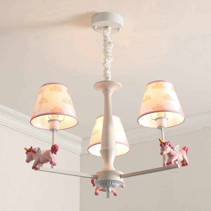 Unicorn Resin Suspension Lighting Cartoon Pink Chandelier Light Fixture with Empire Fabric Shade